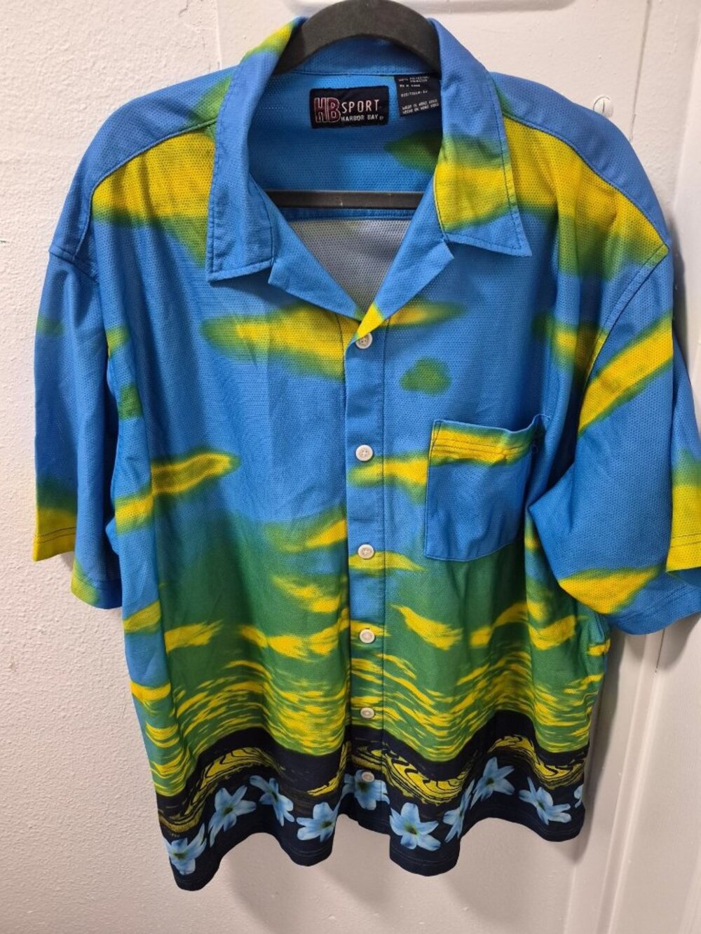 HB Sport Harbor Bay Mens Hawaiian Shirt 2X Blue Green Floral Button-Up